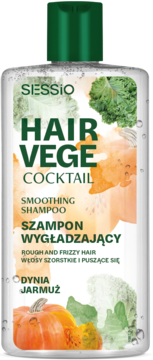 Sessio Hair Vege Cocktail szampon wygładzający z dynią i jarmużem w przezroczystej butelce, widok z przodu.
