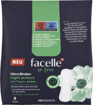 facelle so free Ultra Binden night protect mit Flügeln. Czarne opakowanie z grafiką kwiatu, przód, 100% bawełna bio.
