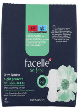 Ciemne pudełko podpasek Facelle so free Ultra Binden night protect z bawełny bio, widok z przodu.