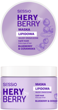 Sessio Hery by Berry Maska Lipidowa, fioletowe opakowanie z borówkami, widok z góry i z przodu, do włosów zniszczonych.