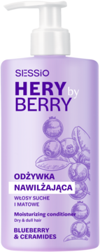 Sessio HERY by BERRY nawilżająca odżywka, fioletowa butelka z pompką, borówka i ceramidy do suchych włosów.