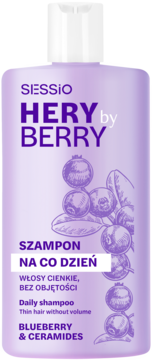 Fioletowy szampon Sessio Hery by Berry z borówką i ceramidami, do włosów cienkich, widok z przodu.