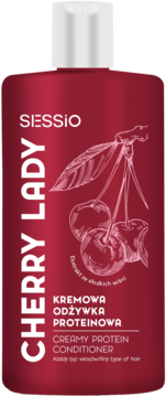 Sessio Cherry Lady Creamy Protein Conditioner w bordowej butelce z białą nakrętką i wiśniami, widok z przodu.