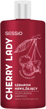 Sessio Cherry Lady szampon nawilżający, czerwona butelka z białym korkiem i grafiką wiśni, ujęcie z przodu.