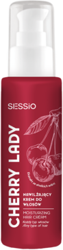 Sessio Cherry Lady Nawilżający Krem do Włosów. Czerwona butelka z białym dozownikiem, grafiką wiśni, widok z przodu.