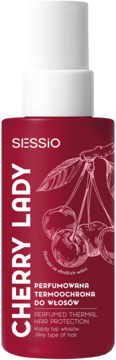 Sessio Cherry Lady perfumowany spray termoochronny do włosów, czerwona butelka z wiśniami, widok z przodu.