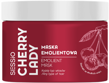 Sessio Cherry Lady Maska Emolientowa, czerwony słoik z grafiką wiśni, biała nakrętka, widok z przodu, do wszystkich typów włosów.