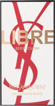 Białe opakowanie perfum Yves Saint Laurent Libre Berry Crush, z dużym czerwonym logo YSL i złotym tekstem, widok z przodu.