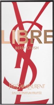 Frontalne ujęcie pudełka perfum Yves Saint Laurent Libre Berry Crush, białego z czerwonym YSL i złotym LIBRE.