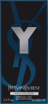 Yves Saint Laurent Y Iced Cologne Eau de Toilette Intense 100ml, czarne opakowanie z srebrnym Y, niebieskie logo.