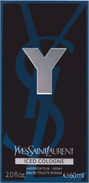 Granatowe opakowanie YSL Y Iced Cologne, srebrne logo Y, białe napisy, pojemność 60 ml, widok z przodu.