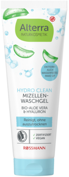 Biała tuba Alterra Hydro Clean Mizellen-Waschgel z bio-aloesem i hialuronem, zielone logo, napis 'czyści bez wysuszania'.