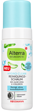 Biała butelka Alterra Hydro Clean Pianka oczyszczająca z aloesem i hialuronem, front, niebieska nakrętka.