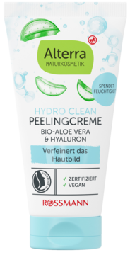 Biała tubka Alterra Hydro Clean Peelingcreme z aloesem i hialuronem, wegańska, nawilżająca, widok z przodu.