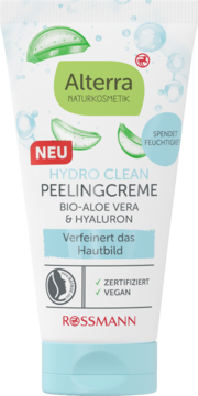 Biała tubka kremu peelingującego Alterra Hydro Clean z aloesem i hialuronem, niebieska nakrętka, widok z przodu.