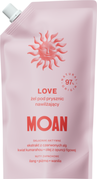 Różowa saszetka żelu pod prysznic LOVE MOAN nawilżający, 97% naturalny, z grafiką słońca, widok frontalny.