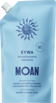 EYWA MOAN żel pod prysznic odżywczy, jasnoniebieska saszetka. Składniki: morskie winogrono, bambus. Nuty: kadzidło, paczula.