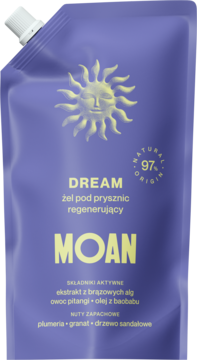 Fioletowy żel pod prysznic DREAM MOAN regenerujący, z baobabu, plumerii i granatu, w saszetce, widok z przodu.