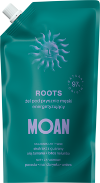 ROOTS Moan żel pod prysznic męski energetyzujący z guaraną, zielona saszetka z capem, widok z przodu.