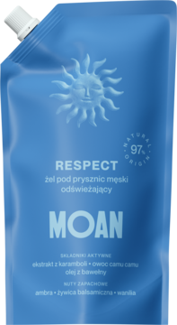 Niebieski żel pod prysznic męski MOAN RESPECT, odświeżający, w elastycznej saszetce, z logo słońca.