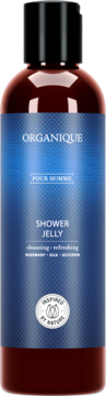 Organique Pour Homme Shower Jelly, ciemnobrązowa butelka z niebieską etykietą. Widok z przodu. Z rozmarynem, jedwabiem i gliceryną.