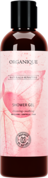 Organique Naturals Sensitive Shower Gel, brązowa butelka z różową etykietą z liściem, widok z przodu, z iricalmin.