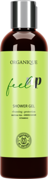 Organique Feel Up Shower Gel z Matcha Tea i Green Caviar, brązowa butelka z limonkową etykietą, srebrna nakrętka, widok z przodu.