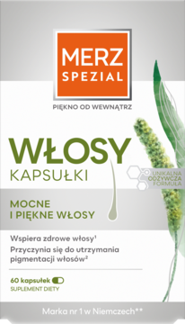 Merz Spezial Włosy Kapsułki, biało-szare opakowanie z zieloną rośliną, frontowy widok suplementu diety.