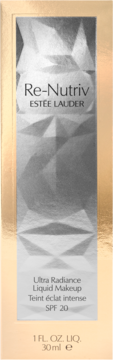 Pionowe pudełko Estée Lauder Re-Nutriv Ultra Radiance Liquid Makeup SPF 20, złoto-srebrne z geometrycznym wzorem.