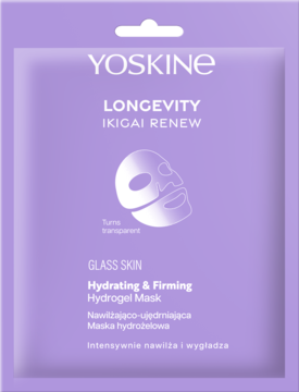 YOSKINE LONGEVITY IKIGAI RENEW Hydrating & Firming Hydrogel Mask w liliowej saszetce z grafiką maski.