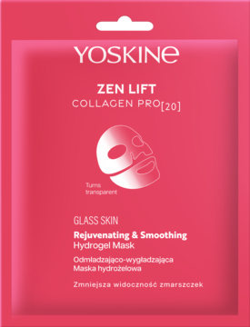YOSKINE ZEN LIFT Collagen Pro[20] odmładzająca maska hydrożelowa w różowej saszetce z ikoną maski, widok z przodu.