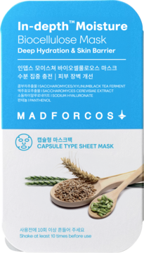 Madforcos In-depth Moisture Biocellulose Mask, niebiesko-biała saszetka z grafiką zboża, intensywnie nawilżająca, widok z przodu.