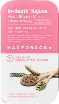 Różowa maska Madforcos In-depth Rejuve Biocellulose Mask, Nutrition & Firming, z kombuchą i kolagenem, widok z przodu.