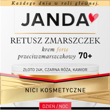 JANDA krem Retusz Zmarszczek 70+ forte, z 24K złotem i nićmi kosmetycznymi. Biały słoik, widok z przodu.