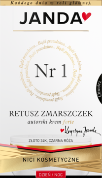 JANDA krem forte Retusz Zmarszczek w biało-złotym opakowaniu z napisem 'Nr 1' i czerwonym sercem, widok z przodu.
