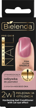 Bielenda Magnetic Hardening Nail Conditioner z różowym efektem kociego oka, w czarnym opakowaniu, widok z przodu.