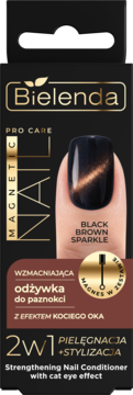Bielenda Magnetic 2w1 Strengthening Nail Conditioner, black box. Finger with shiny black-brown cat eye nail.