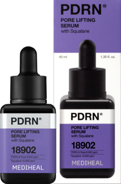 Serum PDRN Pore Lifting z Squalane Mediheal, czarna butelka z dropperem i fioletowe opakowanie 40ml.
