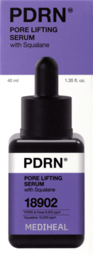 MEDIHEAL PDRN Pore Lifting Serum with Squalane w fioletowym pudełku i czarnej butelce z zakraplaczem, widok z przodu.