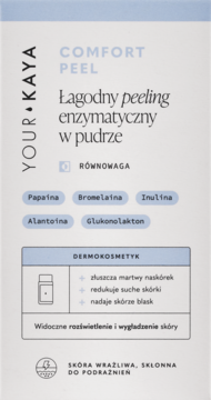 Your Kaya Comfort Peel, łagodny peeling enzymatyczny w pudrze do skóry wrażliwej, białe pudełko, przód.