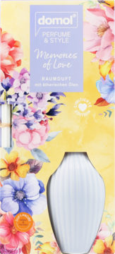 domol Perfume & Style Memories of Love, dyfuzor zapachowy. Żółte opakowanie w kwiaty, biała waza i patyczki.
