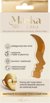 Złoto-beżowe opakowanie wielorazowej maski silikonowej Ewa Schmitt dla lepszego wchłaniania, widok przód.