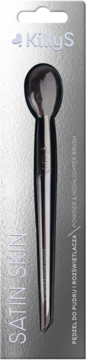 KittyS Satin Skin Powder & Highlighter Brush w srebrnym opakowaniu, widok z przodu. Idealny do makijażu.