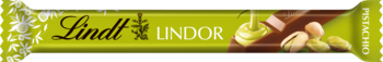Zielony batonik Lindt Lindor czekolada mleczna z nadzieniem pistacjowym, widok z przodu z grafiką.