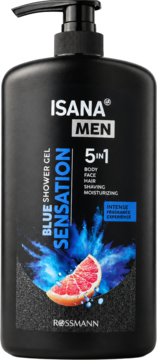ISANA MEN Blue Sensation 5w1 żel pod prysznic, czarna butelka z pompką, grejpfrut na tle niebieskiego pyłu.