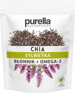 Biała torebka Purella Superfoods Nasiona Chia z Błonnikiem i Omega-3, grafika fioletowych kwiatów, widok z przodu.