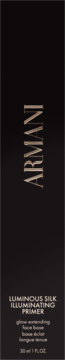 Ciemnobrązowe opakowanie Armani Luminous Silk Illuminating Primer z pionowym złotym logo, widok z przodu.