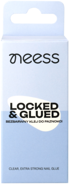 Meess klej do paznokci Locked & Glued, przezroczysty, w jasnoniebiesko-białym opakowaniu z przodu.