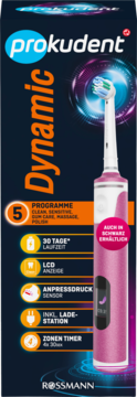 Opakowanie różowej szczoteczki elektrycznej Prokudent Dynamic z 5 programami, sensorem nacisku i LCD, widok z przodu.