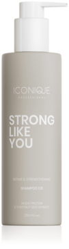 Szampon ICONIQUE PROFESSIONAL Strong Like You, 250ml, do włosów zniszczonych, beżowa butelka z białą pompką, widok z przodu.